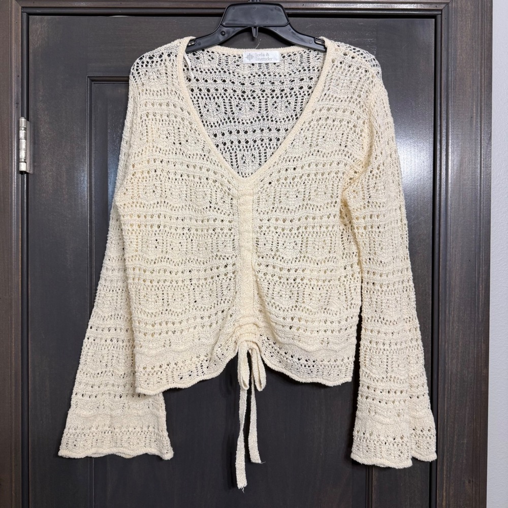 Leela & Lavender Cream Crochet Knit Bell Sleeve Drawstring Cardigan Sweater L